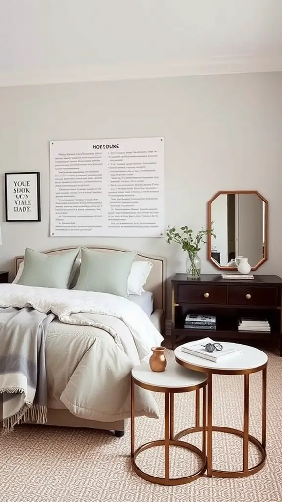 15 Creative Bedroom Storage Ideas for a Clutter-Free Space 15 A cozy bedroom featuring a pair of stylish nesting tables beside a bed, with soft bedding and decorative items.