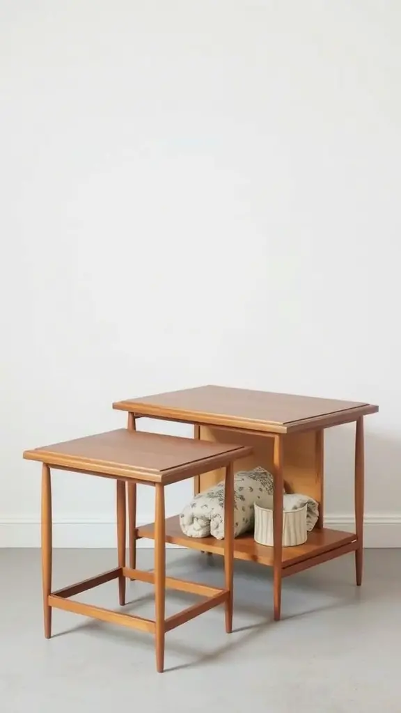 A pair of nesting tables with a larger table on top and a smaller one underneath, showcasing a cozy blanket stored on the shelf.