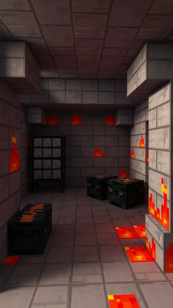 19 Creative Minecraft Storage Room Ideas You Need to Try 12 A Nether-themed storage area in Minecraft with dark stone walls and flames.