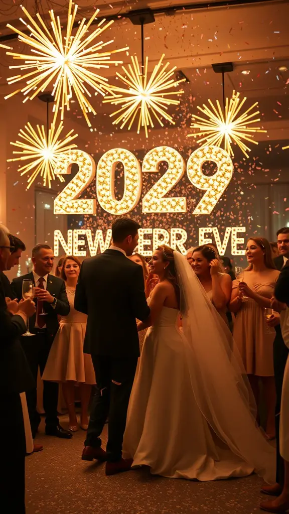 Couple celebrating their wedding on New Year's Eve with friends and family, surrounded by festive decorations.