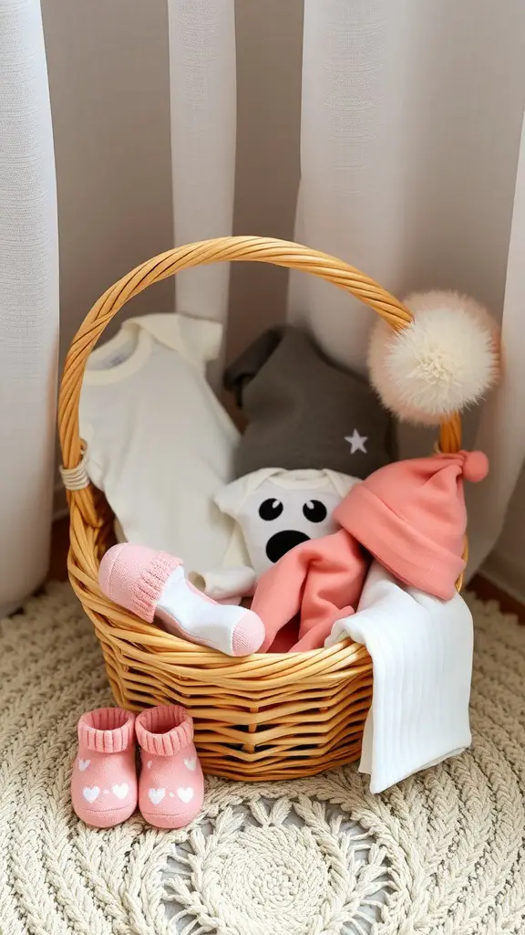 21 Thoughtful Baby Shower Basket Gift Ideas 9 A wicker basket filled with newborn clothes including a onesie, hat, socks, and booties.
