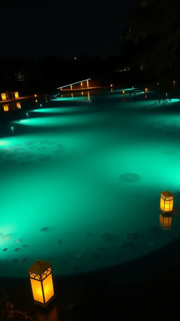 21 Stunning Pond Landscaping Ideas to Transform Your Backyard 11 Illuminated pond at night with blue and green lights and glowing lanterns.