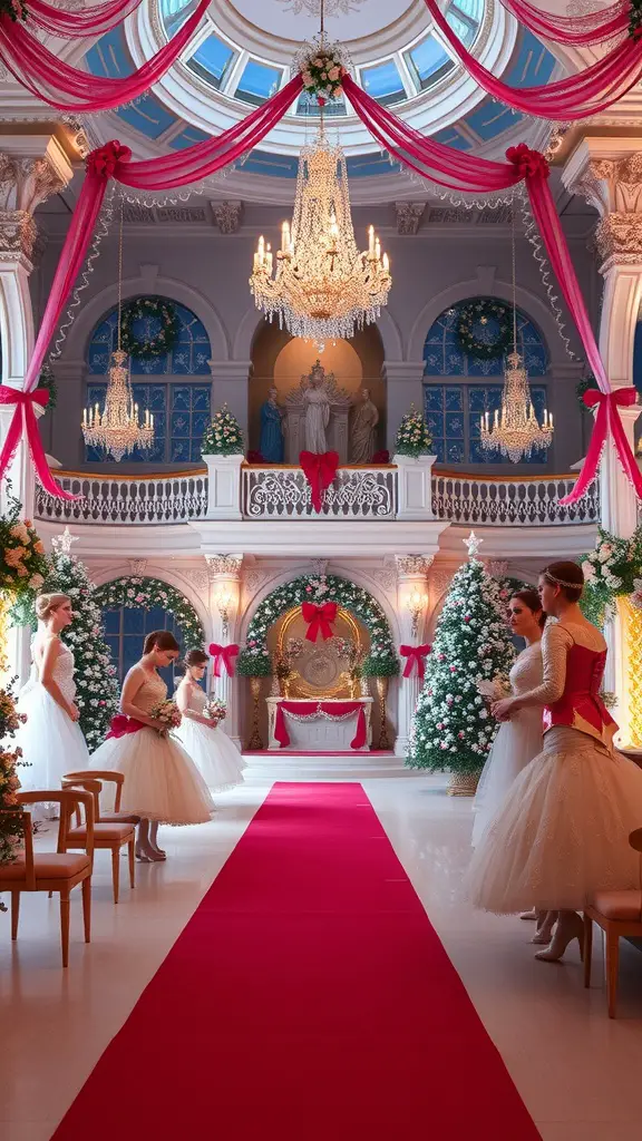 15 Creative Christmas Party Theme Ideas for Your Holiday Celebration 7 A beautifully decorated hall for a Nutcracker Ballet Night, featuring a red carpet, chandelier, and Christmas trees.