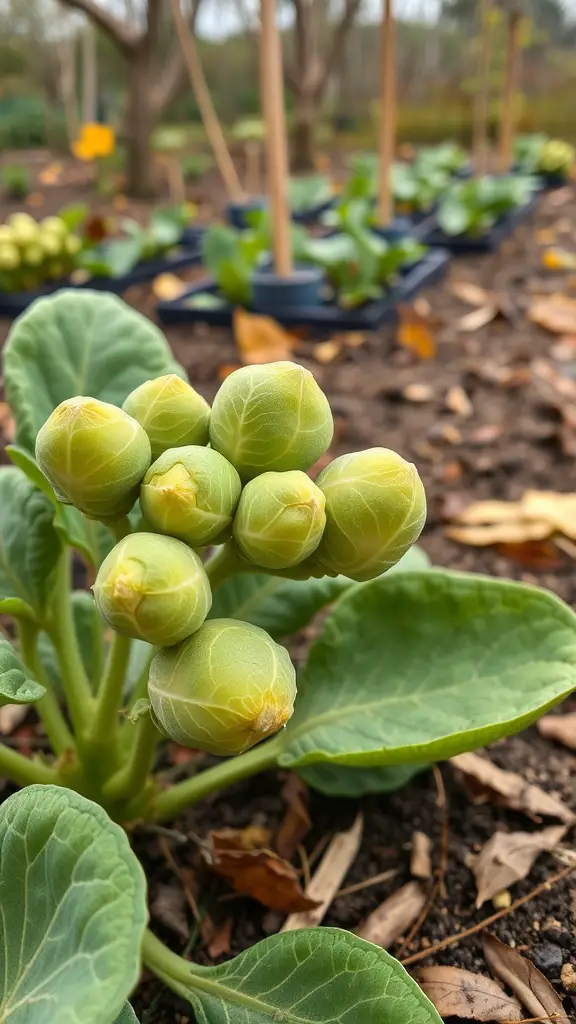 19 Creative Fall Vegetable Garden Ideas for a Bountiful Harvest 14 Close-up of Brussels sprouts growing on their stalk in a garden