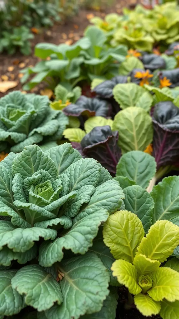 19 Creative Fall Vegetable Garden Ideas for a Bountiful Harvest 4 A variety of leafy greens including kale, collard greens, and mustard greens in a garden.