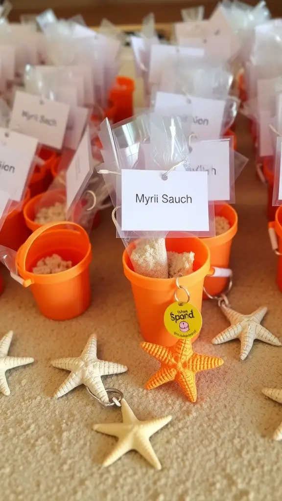 21 Coastal Baby Shower Theme Ideas You’ll Love 9 Ocean-inspired party favors with orange buckets, sand, and starfish keychains