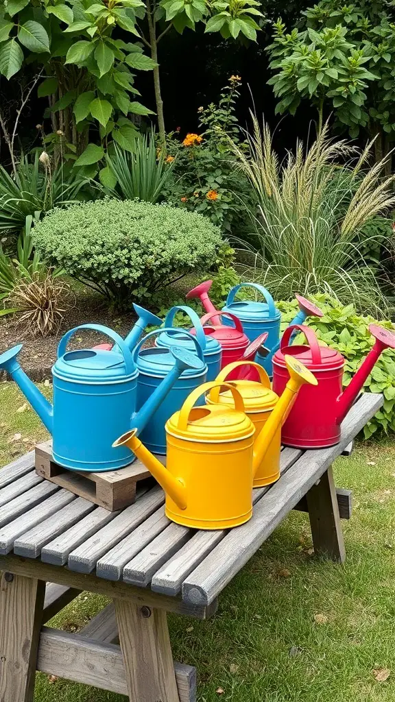 17 Charming Vintage Garden Decor Ideas to Enhance Your Outdoor Space 7 Colorful vintage watering cans on a wooden table in a garden