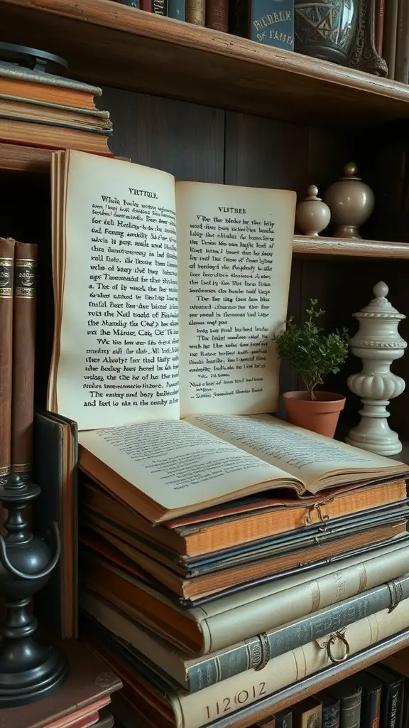 19 Creative DIY Storage Box Ideas You Need to Try 15 A stack of vintage books with some opened, displaying their pages, alongside a small plant and decorative items.