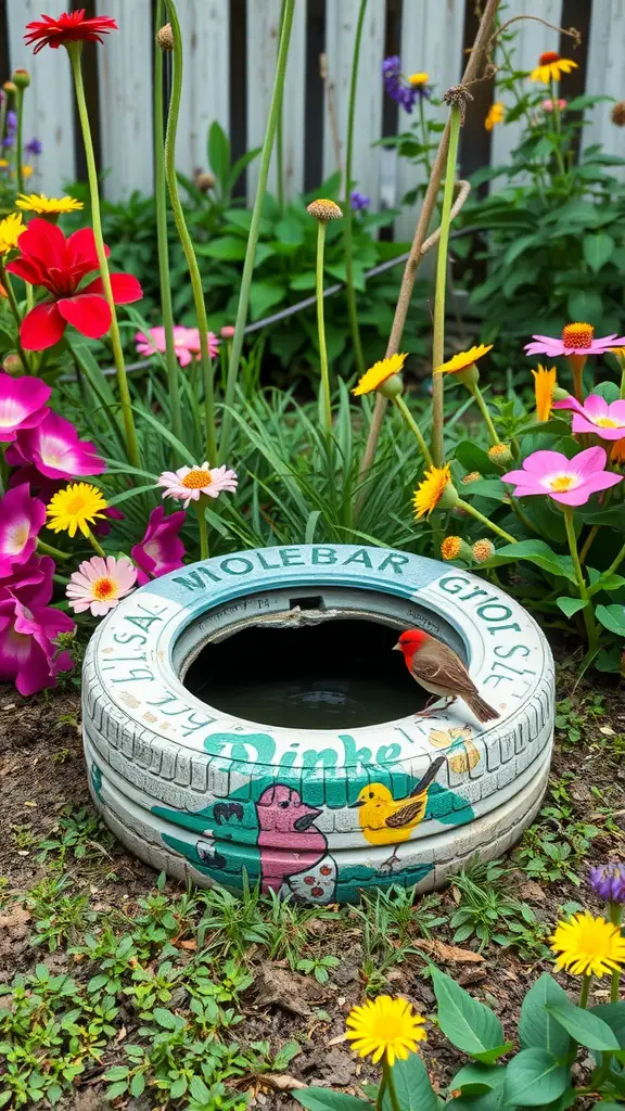 A colorful painted tire bird bath surrounded by flowers in a garden.