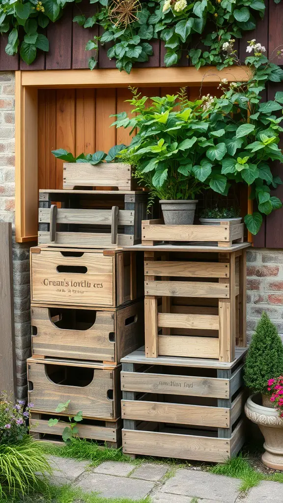 21 Charming Vintage Garden Decor Ideas to Transform Your Outdoor Space 6 A collection of old wooden crates stacked and arranged in a garden setting, surrounded by plants.