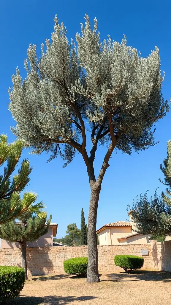 19 Stunning Mediterranean Garden Ideas You’ll Love 5 A tall olive tree with silvery leaves against a clear blue sky, surrounded by trimmed bushes and a garden setting.