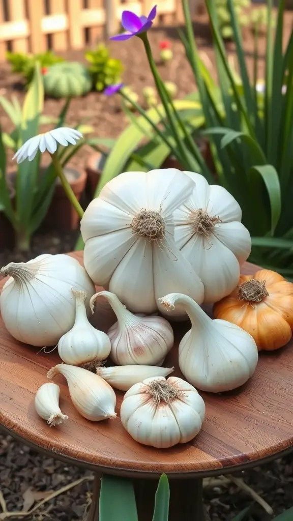 19 Creative Fall Vegetable Garden Ideas for a Bountiful Harvest 11 An assortment of garlic and onions on a wooden table, surrounded by greenery.