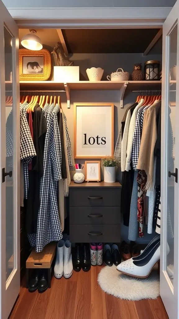 21 Creative Open Closet Ideas for Stylish Organization 12 A cozy open closet featuring neatly hung clothes, decorative items on shelves, and a variety of shoes arranged at the bottom.
