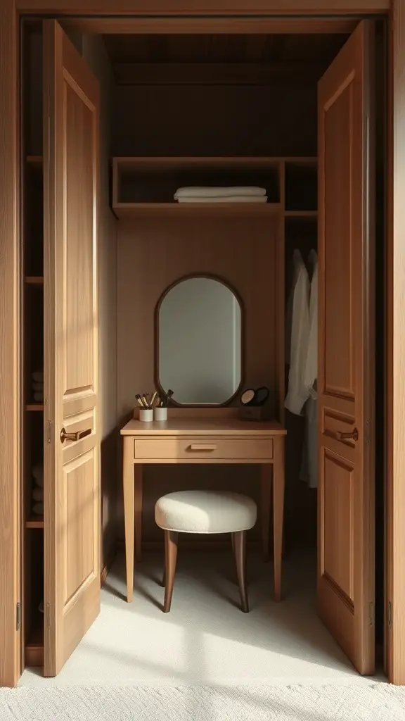 21 Creative Open Closet Ideas for Stylish Organization 11 An open closet featuring a wooden vanity with a mirror, a chair, and shelves with neatly folded towels.
