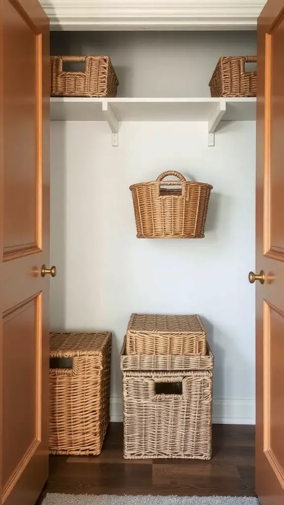 21 Creative Open Closet Ideas for Stylish Organization 13 An open closet featuring decorative wicker baskets on shelves and the floor, showcasing a neat and organized storage solution.