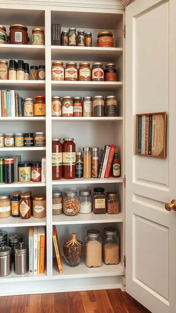 41+Inspiring Pantry Shelving Ideas to Maximize Your Space 2 A well-organized pantry with open shelving displaying jars, spices, and cookbooks.