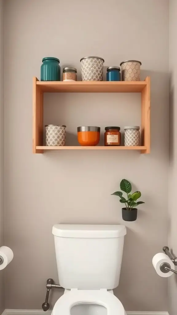 17 Creative Over Toilet Storage Ideas for Small Bathrooms 10 Open shelving above a toilet with decorative containers and a small plant
