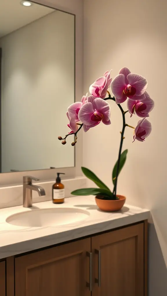 21 Stunning Bathroom Plants for a Fresh and Lively Space 15 A pink orchid plant on a bathroom countertop next to a sink and mirror.