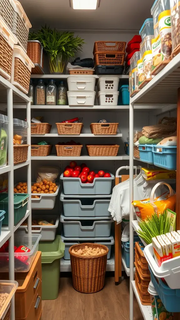 15+ Essential Food Storage Room Ideas for Your Home 16 A well-organized food storage room with various containers and baskets on shelves.