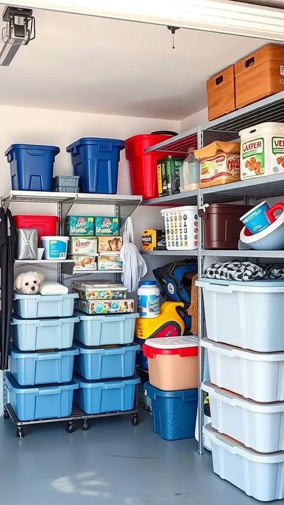 17+ Creative Dog Room Ideas for Your Garage 7 Organized storage area in a garage with various bins for dog supplies.