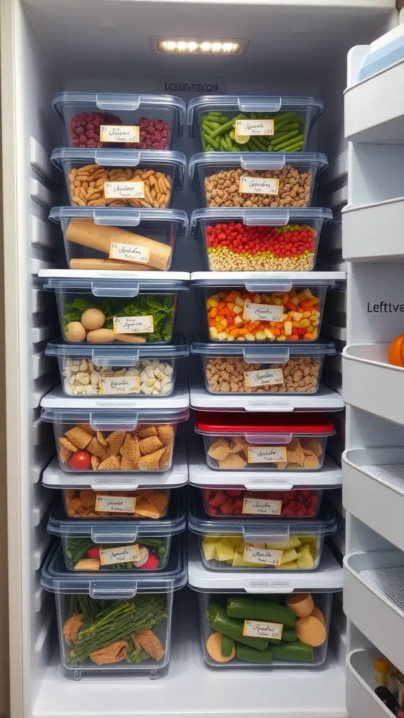 An organized fridge with clear containers filled with various vegetables and labeled for easy identification.