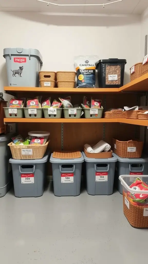 19+Essential Dog Food Storage Solutions You Need 14 Organized dog food storage area with labeled bins and baskets