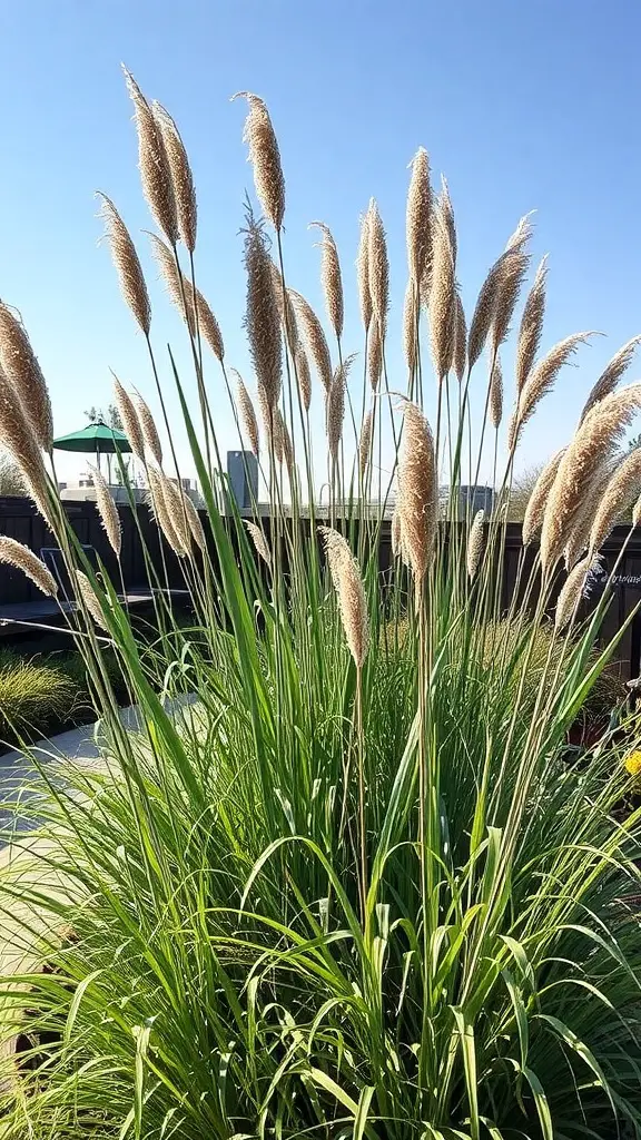 Tall ornamental grasses with feathery plumes against a clear blue sky