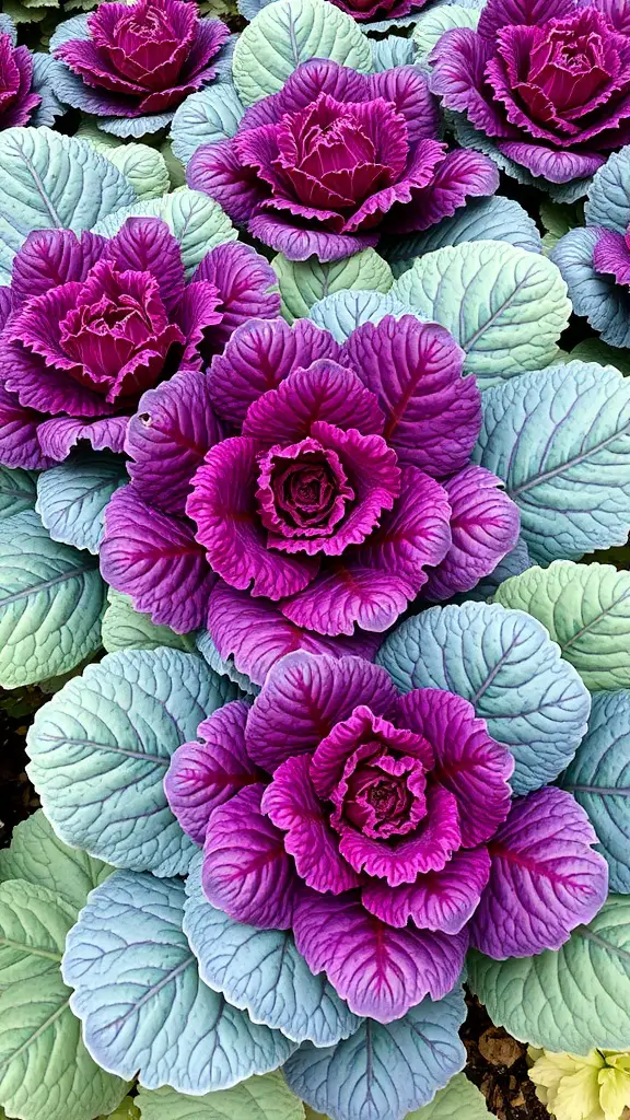 19 Stunning Fall Plants to Brighten Your Garden 7 A vibrant display of ornamental kale with purple and green leaves.
