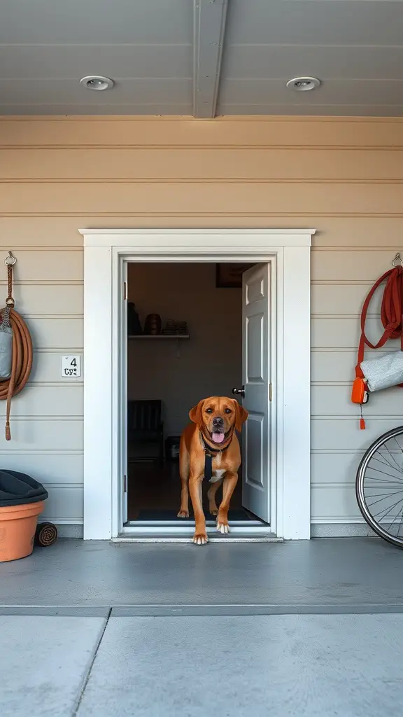 17+ Creative Dog Room Ideas for Your Garage 2 A dog stepping out of a dog door in a garage, showcasing outdoor access.