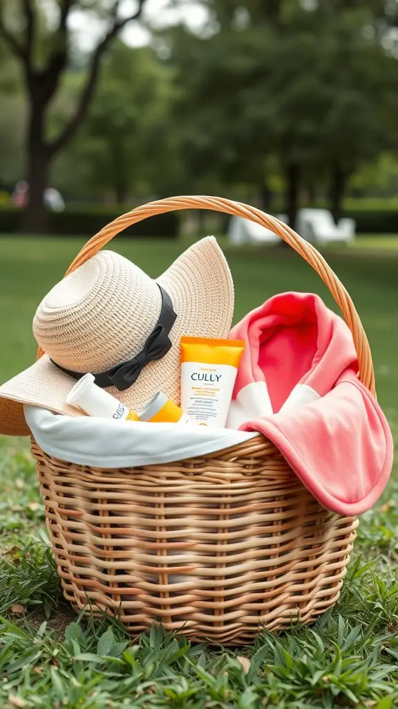21 Thoughtful Baby Shower Basket Gift Ideas 13 A wicker basket filled with a sun hat, sunscreen, and a cozy blanket, set in a grassy outdoor area.