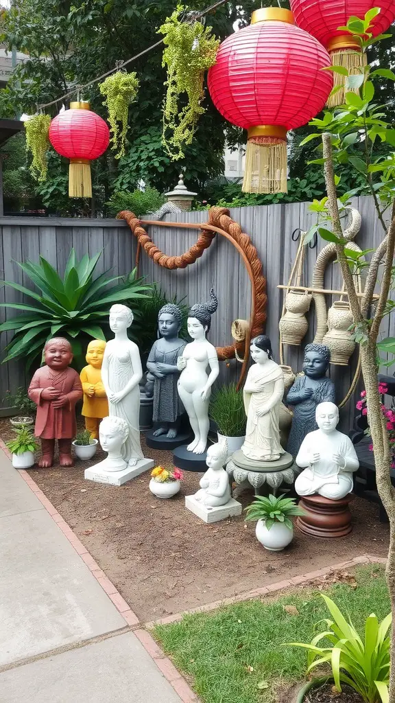A vibrant outdoor art display featuring colorful lanterns and various statues surrounded by greenery.
