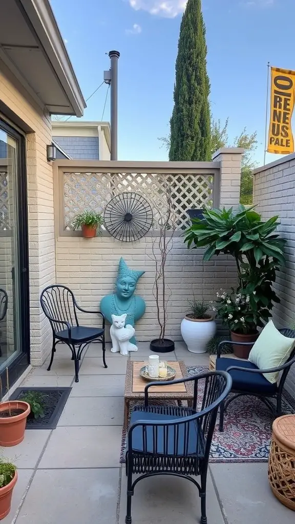 15 Creative Tiny Patio Ideas for Your Outdoor Space 16 A cozy tiny patio featuring a turquoise statue, potted plants, and stylish seating.