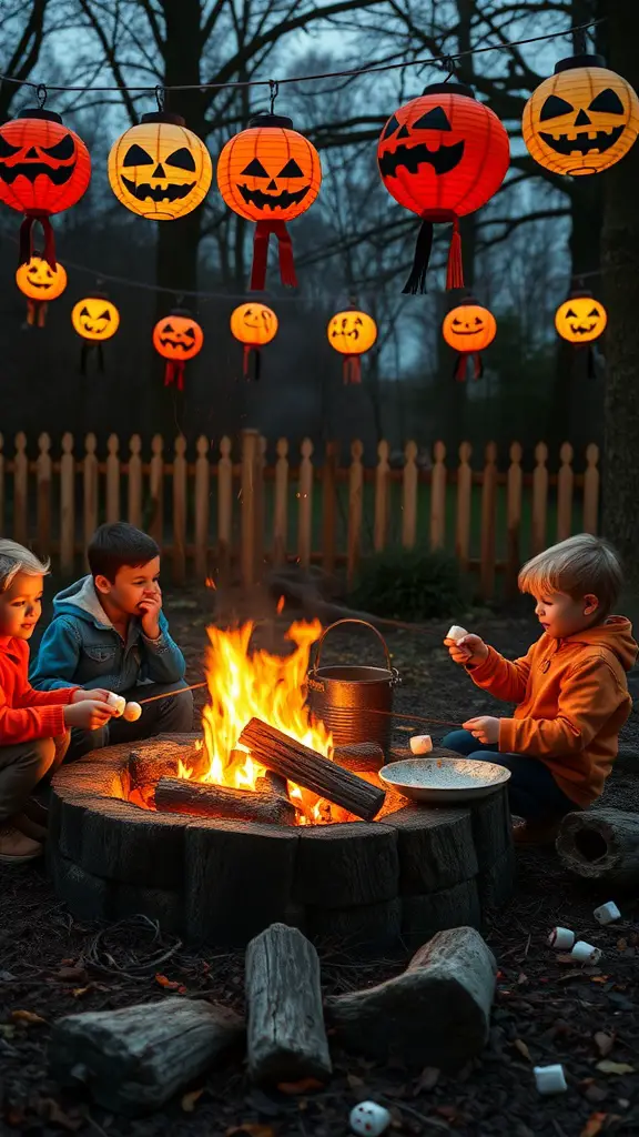 Kids roasting marshmallows by a bonfire with Halloween lanterns hanging above.