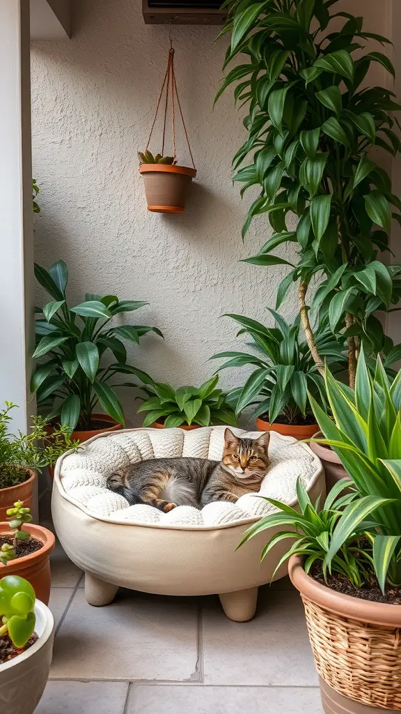 21 Creative Cat Friendly Patio Ideas for the Purrfect Outdoor Space 13 A cozy outdoor cat bed nook surrounded by potted plants, featuring a cat lounging comfortably.