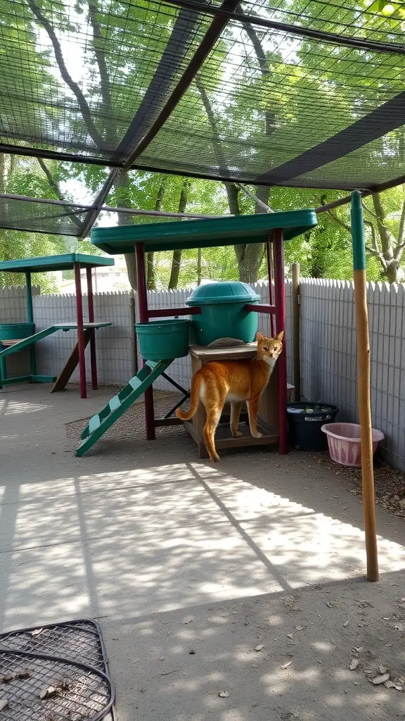15 Creative Cat Room Ideas You’ll Love 17 A spacious outdoor cat enclosure with climbing structures and a curious cat exploring.