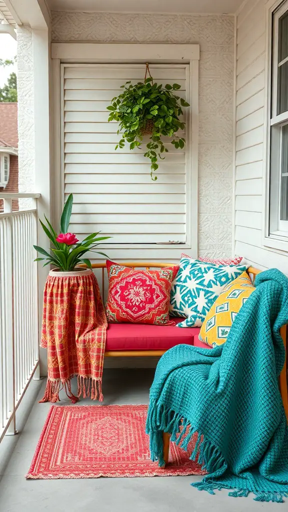 23 Creative Small Balcony Decor Ideas You Need to Try 15 Cozy balcony with colorful outdoor cushions, a throw, and a patterned rug.