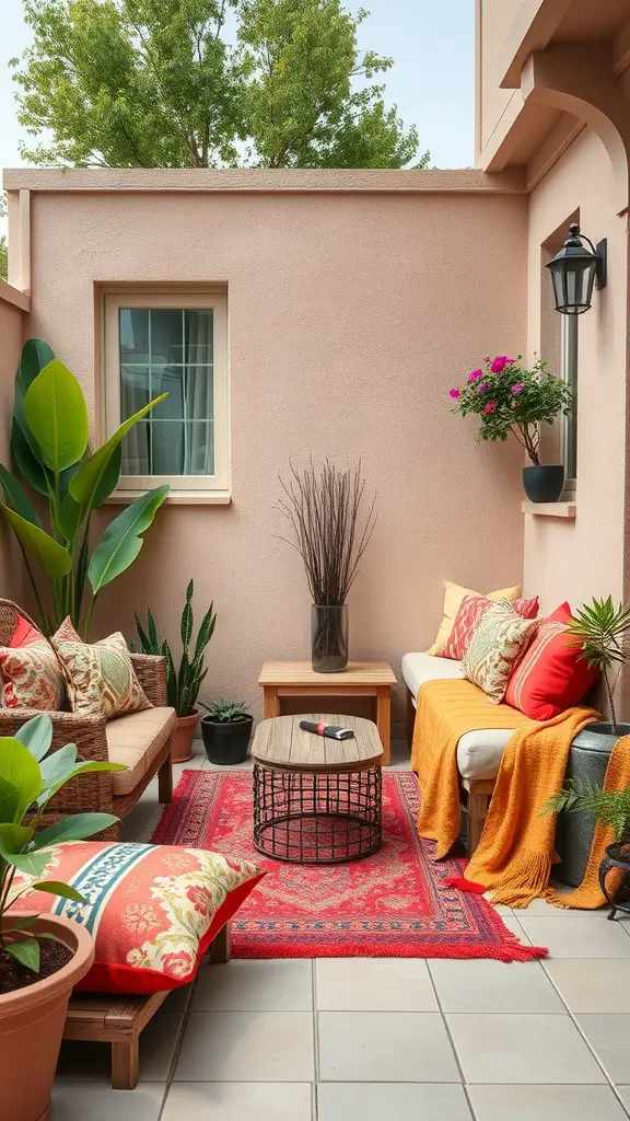 29 Creative Small Patio Decorating Ideas You’ll Love 11 A small patio decorated with colorful outdoor cushions and throws, featuring a cozy seating area.