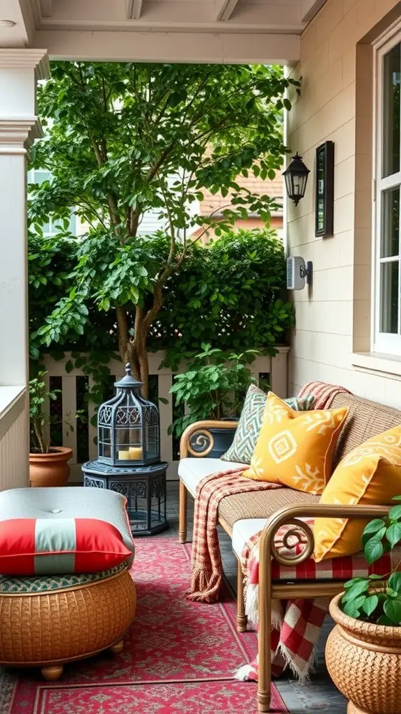 19 Creative Backyard Ideas for Renters 13 Cozy outdoor seating area with colorful cushions, a throw blanket, and plants.
