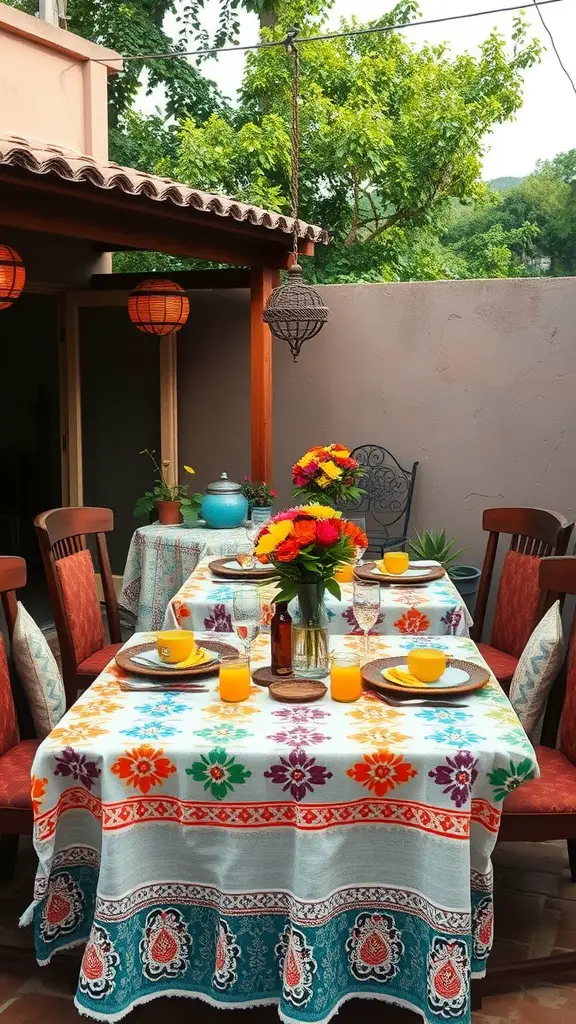17 Inspiring Mexican Patio Ideas for Your Outdoor Space 12 A vibrant outdoor dining area with colorful tablecloths, flowers, and hanging lanterns.
