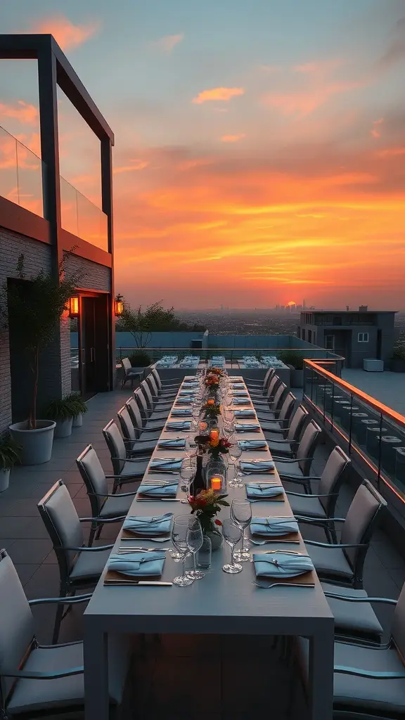 27 Stunning Rooftop Patio Designs for Your Outdoor Oasis 7 Rooftop patio dining area with a long table set for dinner, overlooking a sunset skyline.