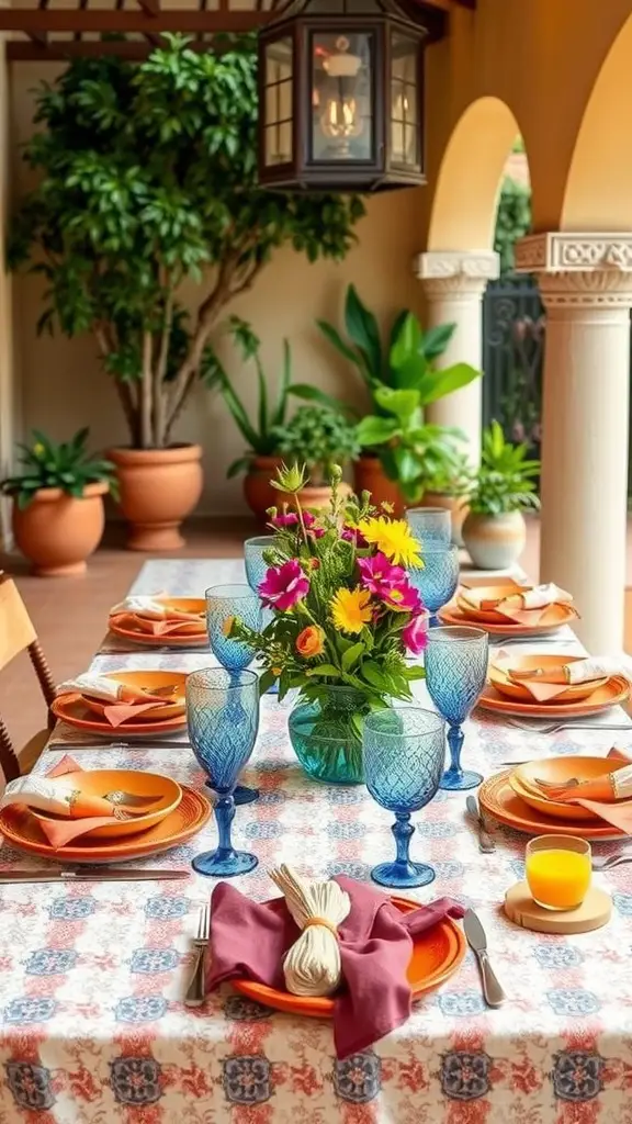 21 Stunning Mexican Patio Hacienda Style Ideas for Your Outdoor Space 13 A beautifully set outdoor dining table in a Mexican hacienda style, featuring colorful tableware and surrounded by lush greenery.