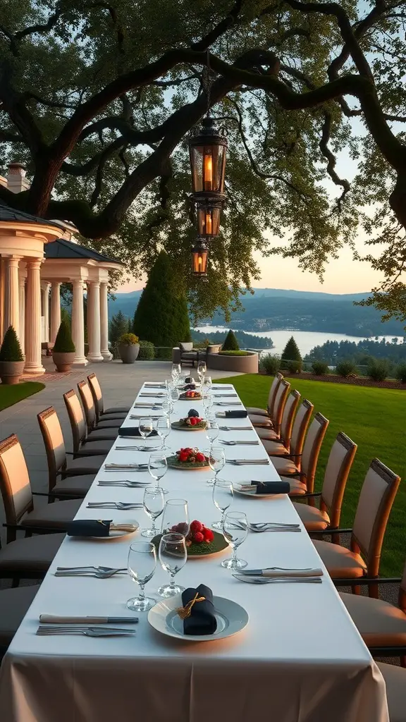 An elegant outdoor dining setup with a long table, chairs, and lanterns, overlooking a scenic view.