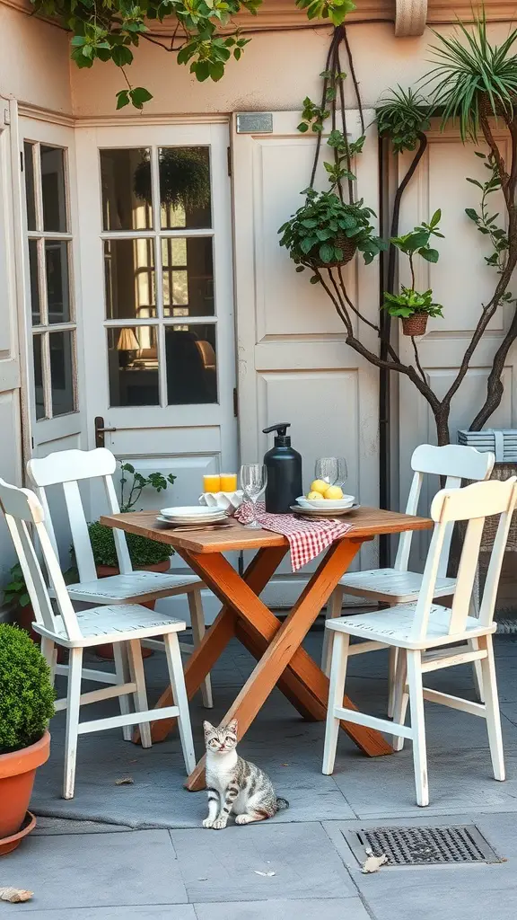 A cozy outdoor dining setup featuring a wooden table, white chairs, potted plants, and a cat.