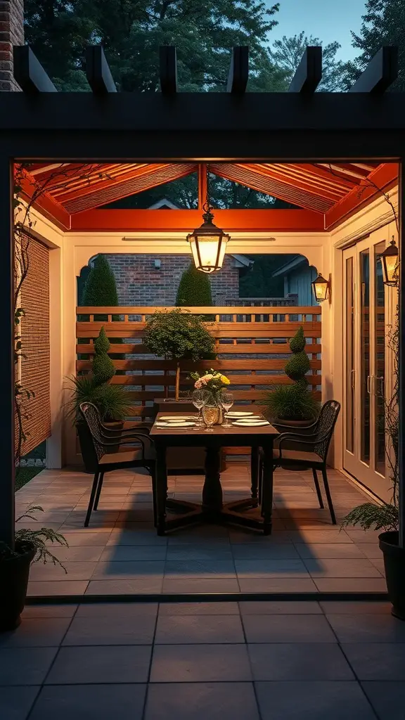 Cozy outdoor dining area with a table set for dinner, surrounded by plants and ambient lighting.