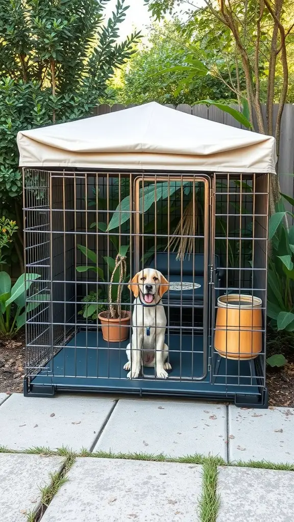 17+ Creative Dog Crate Ideas for Stylish Pet Spaces 9 A happy dog sitting inside a stylish outdoor crate with a canopy, surrounded by greenery.