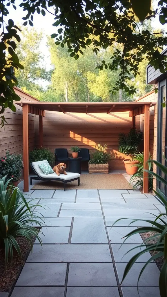 A cozy outdoor dog lounge with a dog on a lounge chair, surrounded by plants and shaded by a wooden structure.