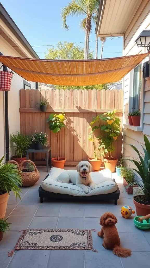 A cozy outdoor dog patio with a dog bed, plants, and a playful dog.
