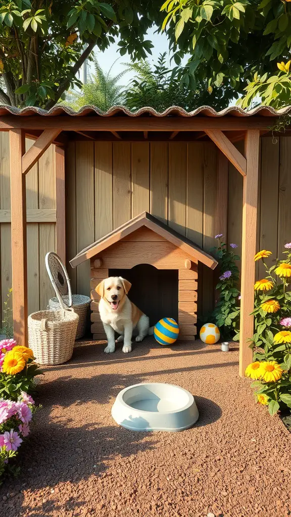 19+ Unique Dog Corner Ideas to Elevate Your Pet's Space 4 A cheerful dog sitting in front of a wooden doghouse surrounded by flowers and toys.