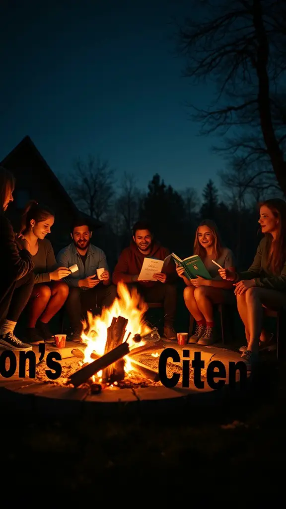 21 Spooktacular Halloween Party Ideas for a Frightfully Fun Celebration 16 Group of friends gathered around a fire pit at night, enjoying a cozy outdoor gathering.