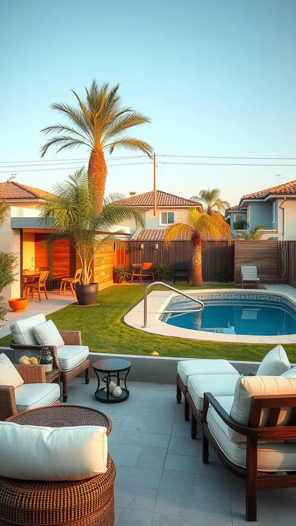 19 Inspiring Above Ground Pool Ideas for Your Backyard Oasis 12 A stylish outdoor seating area next to an above-ground pool, featuring wicker chairs and a small table, surrounded by palm trees and greenery.